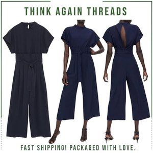 Zara Navy Blue Paperbag Belted Office Casual Minimalist Jumpsuit Size Medium